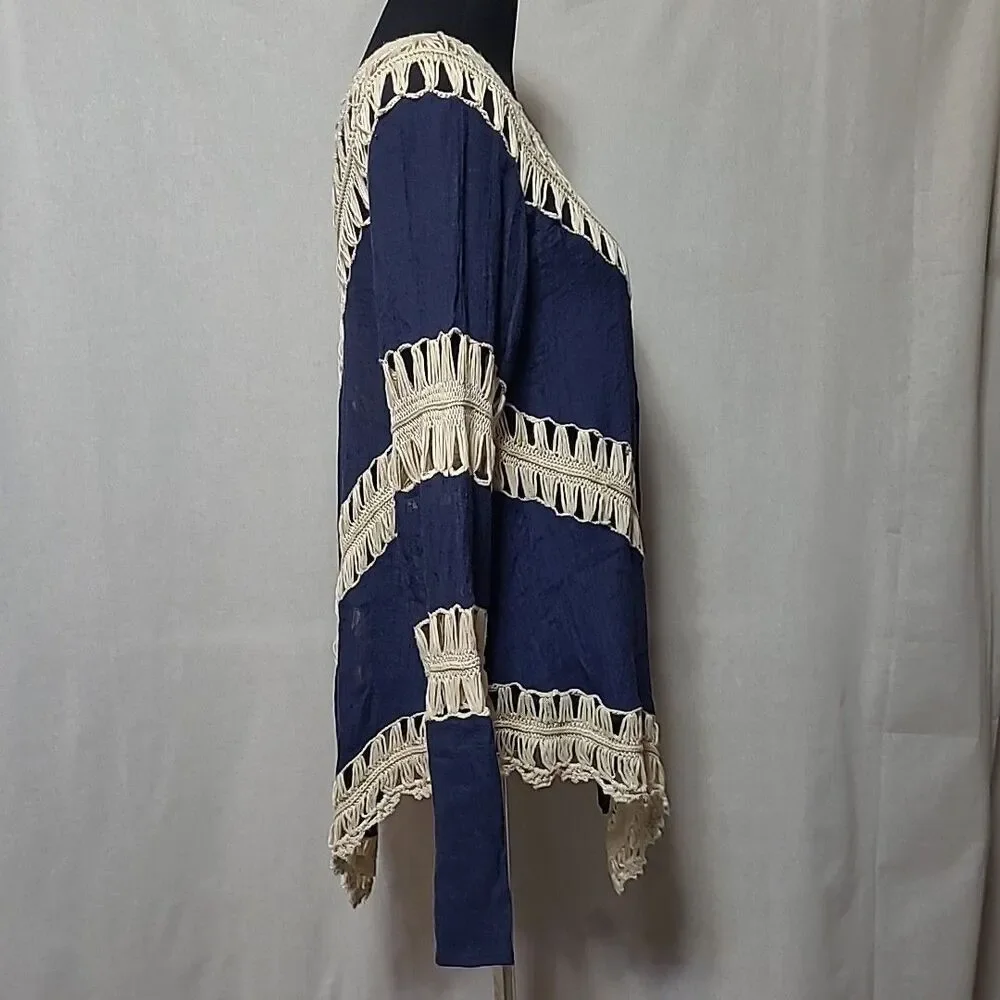 Umgee Navy Blue Beige Crochet Top Size L Boho Hippie Summer Beach Top Cover Up